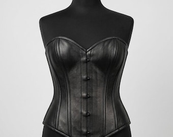 Black Leather Overbust Corset Bustier, Strapless Steampunk Waist Cincher