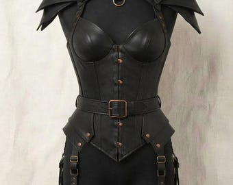 May include: A black corset top featuring a high neck collar with metal rings, layered shoulder armor plates, and a front-fastening bodice. The garment includes a waist belt with a buckle and attached leg straps with multiple metal buckles and studs.