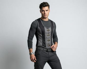 Men's Black Satin Corset Vest | Steel Boned Gothic Waist Shaper Harness Top