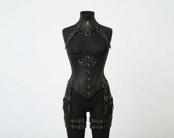 May include: A black leather-like corset featuring a high neck collar with a central metal ring, adjustable shoulder straps, and a front busk closure. The garment includes integrated thigh straps with multiple buckles and D-ring hardware accents.