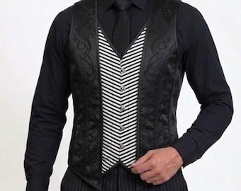 Black Leather Gothic Vest Men: Embroidered Steampunk Biker Waistcoat Slim Fit Party Outfit