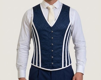Men's Blue Brocade Jacquard Vest: Slim Fit Formal Gothic Steampunk Waistcoat