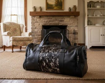 Bolso de lona grande de piel de vaca con estampado de sal y pimienta negra, bolso de viaje de piel de vaca para fin de semana o para pasar la noche, bolso de patchwork de piel auténtica.