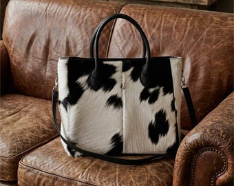 Genuine Cowhide Tote Bag, Black White Western Hair-on Hide Leather Handbag