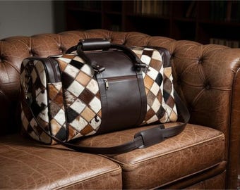 Bolso de viaje grande de piel de vaca tricolor, bolso de fin de semana/noche de piel de vaca, bolso de patchwork de piel auténtica