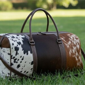 Bolso de viaje grande de piel de vaca tricolor, bolso de fin de semana/noche de piel de vaca, bolso de patchwork de piel auténtica