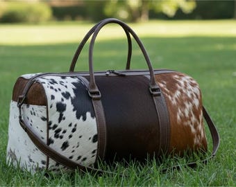 Tricolor Cowhide Leather Duffel Bag Large Travel Bag Cow Hide Weekend/Overnight Bag Genuine Leather Patchwork Bag