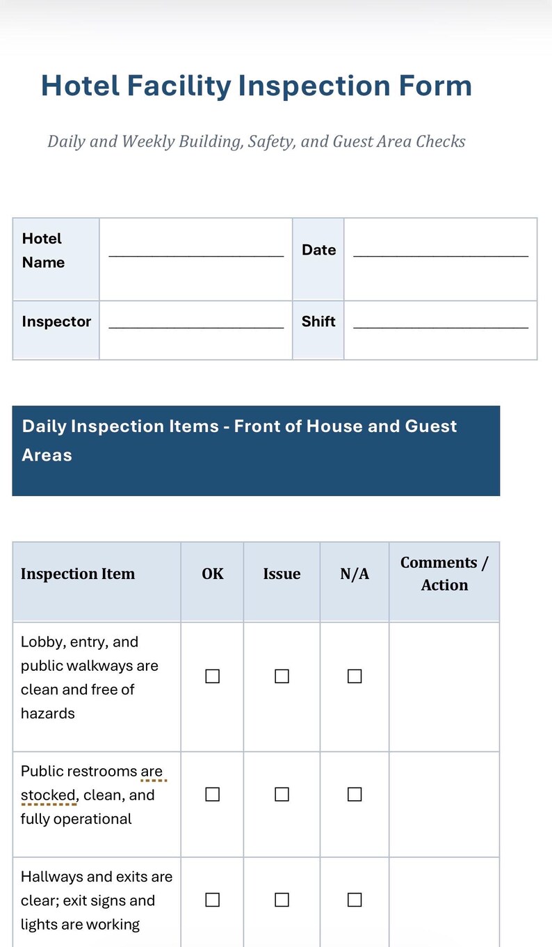 Hotel Daily/weekly Inspection Form - Etsy