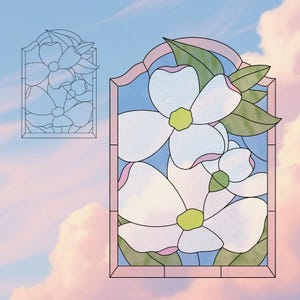 May include: Stained glass window art featuring white dogwood flowers with green leaves and yellow centers, set against a light blue background. The window has a pink border and a smaller outline version is also shown.
