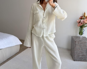 Milk Muslin Pajama Set: Soft Sleepwear for Brides & Bachelorette Parties, Bride to Be Gift