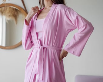 Pink Cotton Robe & Nightgown Set - Cozy Women's Lounge Wear in 4 Colors - Perfect Gift for Her