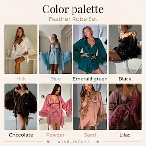 Op de afbeelding: Een kleurenpalet met een Feather Robe Set in verschillende kleuren: Melk, Blauw, Emerald green, Zwart, Chocolade, Poeder, Zand en Lila. De tekst "Color palette" en "Feather Robe Set" staan bovenaan. De merknaam "WISHLISTORE" staat onderaan.