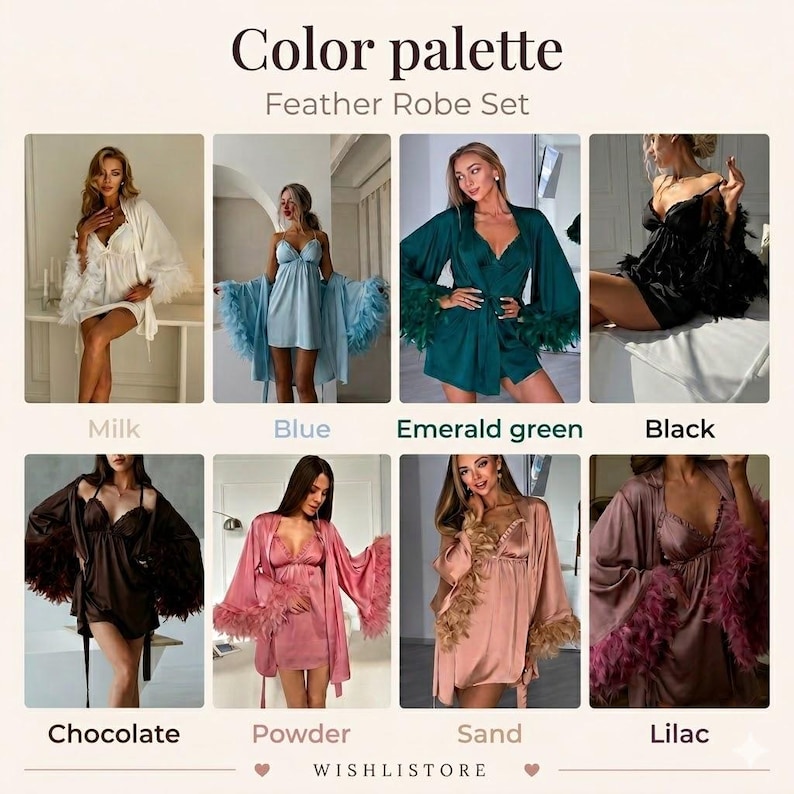 Op de afbeelding: Een kleurenpalet met een Feather Robe Set in verschillende kleuren: Melk, Blauw, Emerald green, Zwart, Chocolade, Poeder, Zand en Lila. De tekst "Color palette" en "Feather Robe Set" staan bovenaan. De merknaam "WISHLISTORE" staat onderaan.