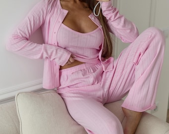 Cozy Pink Pajama Set - Cotton Top, Cardigan, Shorts or Pants - Perfect Gift for Her