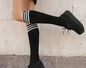 High Black Knee Socks with White Stripes - Mid-High Socks for Women - Ideal Gift for Teens