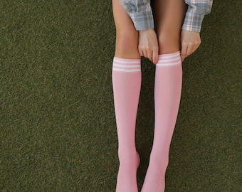 Cute Pink High Knee Socks with White Stripes - Women’s Mid-High Style - Ideal for Teens