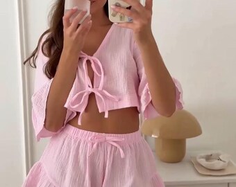 Süßer Rosa Musselin-Pyjama-Set - Nachtwäsche zum Binden für Damen & Jugendliche