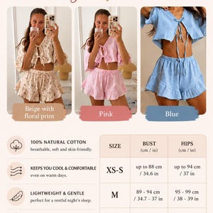 May include: A pajama set featuring a tie-front crop top and ruffled shorts, available in beige with floral print, solid pink, and solid blue. The image includes a size chart with bust and hip measurements in inches and centimeters.