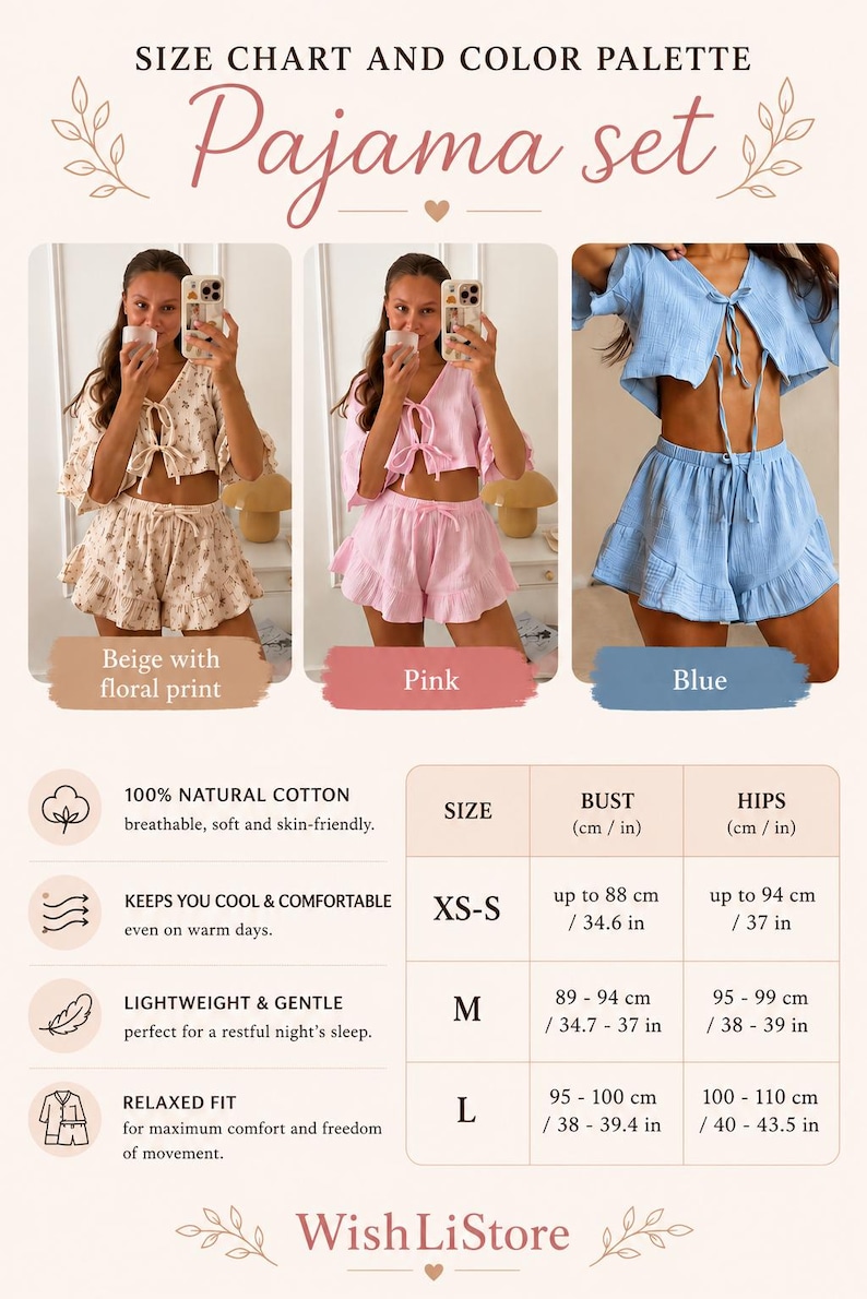 May include: A pajama set featuring a tie-front crop top and ruffled shorts, available in beige with floral print, solid pink, and solid blue. The image includes a size chart with bust and hip measurements in inches and centimeters.