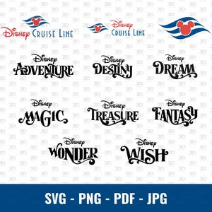Puede incluir: Una colección de logotipos y nombres de barcos de Disney Cruise Line en escritura negra. Los logotipos presentan una cabeza de Mickey Mouse en rojo, blanco y azul. La parte inferior de la imagen muestra "SVG - PNG - PDF - JPG" en texto blanco.