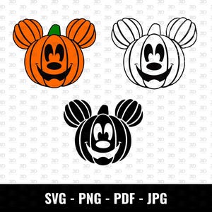 May include: Three Halloween-themed designs featuring pumpkin faces with Mickey Mouse ears. One is orange with a green stem, and two are black and white. The bottom of the image has the text "SVG - PNG - PDF - JPG".