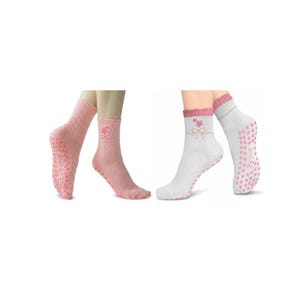 Rosa Floral Grip Socken 2er Pack - Baumwoll Pilates Yoga Barrenhausschuh-Socken