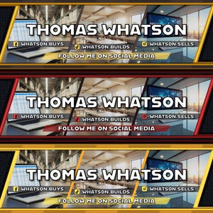 Könnte beinhalten: Banner-Design in Gold, Rot und Gelb. Jedes Banner zeigt "THOMAS WHATSON" und Social-Media-Details. Das Design beinhaltet einen Laptop und einen Computermonitor, sowie den Text "FOLLOW ME ON SOCIAL MEDIA".