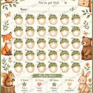 May include: A potty training reward chart titled My Potty Adventure with a grid of 30 numbered acorn icons, each containing a white star. The chart features illustrations of an owl, fox, bear, squirrel, and rabbit, plus a reward section.