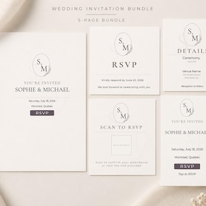 Peut inclure: Un ensemble de faire-part de mariage de cinq pièces avec un design minimaliste. Les cartes comprennent les détails "Vous êtes invités" et RSVP, avec les noms "Sophie & Michael" et la date du 18 juillet 2026. La palette de couleurs est principalement blanche et grise.