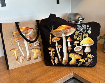 Whimsical mushroom totes & pencil bags. Reusable canvas or Jute top handle bag, beach tote, grocery bag, purse, boho style, happy mushroom