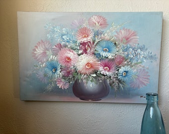 Large original floral painting, Canvas wall art, granny chic, pastels,  grandmillennial style, 33" x 21", waiting room art, vintage decor