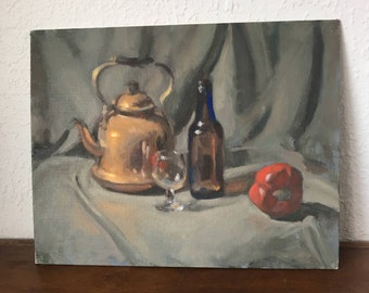 Small original oil painting, still life, old world, kitchen art, food vignette, farm house decor, original canvas board, Villa art,