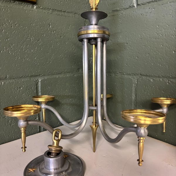 Chandelier Antique Art Deco Arrow, Gold & Nickel Five-Light Fixture