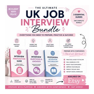Peut inclure: Le bundle Ultimate UK Job Interview comprend trois guides essentiels : Interview Preparation Guide, Interview Questions & Answers et Professional Interview Vocabulary. L'ensemble numérique présente une image de marque rose, violette et bleue avec du texte.