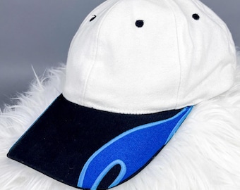 Y2K Baseball Cap, White Hat with Black & Blue Flames Embroidered Brim