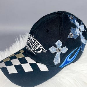 Y2K Hat, Upcycled Monster Garage Hat, Embroidered Patchwork, Chains & Crosses