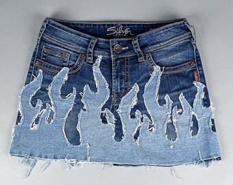 Denim Mini Skirt | Upcycled Jean Skirt with Flames Distressed Patchwork Graphic, Mid Rise