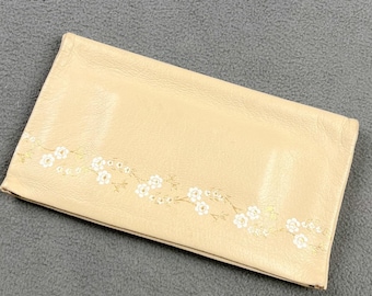Vintage Soft Leather Clutch, Cream with White & Gold Floral Print
