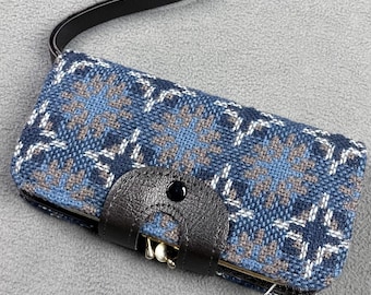 Vintage Tapestry Clutch Wallet, Blue Black Wool Tweed