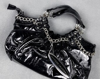 Y2K Chinese Laundry Black Vegan Leather Purse with Silver Chunky Chains