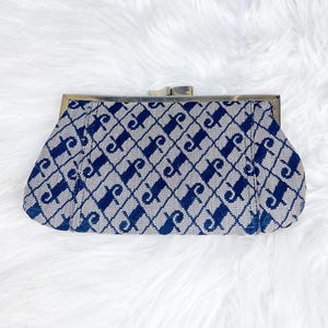 70&#39;s Clutch Purse | Vintage Black and Grey Patterned Small Handbag, Kiss Clasp