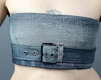 Denim Tube Top | Upcycled Denim Belted Bandeau Top Lace Up Reworked Jeans