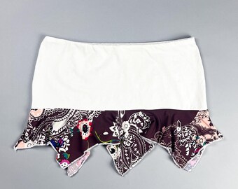 Upcycled Low Rise Stretchy Skirt, White with Burgundy Patterned Asymmetrical Ruffled Hem