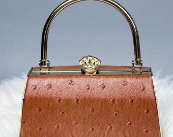 Bijoux Terner Mini Purse, Brown Faux Ostrich Top Handle Structured Evening Bag