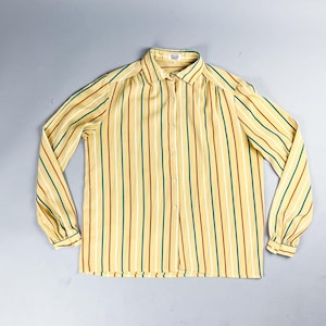 Vintage Striped Blouse | 70's Yellow Blouse with Turquoise, Brown & White Stripes | Size Large
