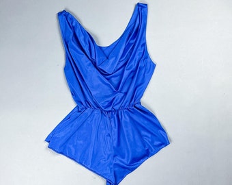 Vintage Lingerie Teddy | 80's Electric Blue Nylon Shorts Pajama Romper, French Knickers | Size Small