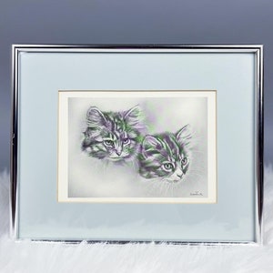 Impression encadrée de chatons | Carte d'impression croquis chaton fusain vintage des années 80 par Sam Lu | Carte encadrée