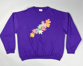 Vintage Graphic Sweatshirt | 80's Purple Pullover Crew Neck Fleece Sweater with Autumn Maple Leaves Cluster | Size Large