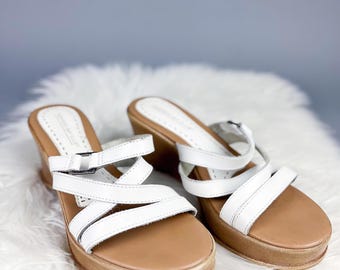 Leather Sandal Wedges | Vintage Y2K White Strappy Slip On Wedge Shoes | Size 7.5