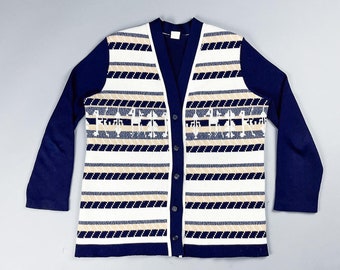 Vintage Striped Cardigan | 70's Navy Blue, Beige and White Women's Long Sleeve Button Up Sweater | Size Small